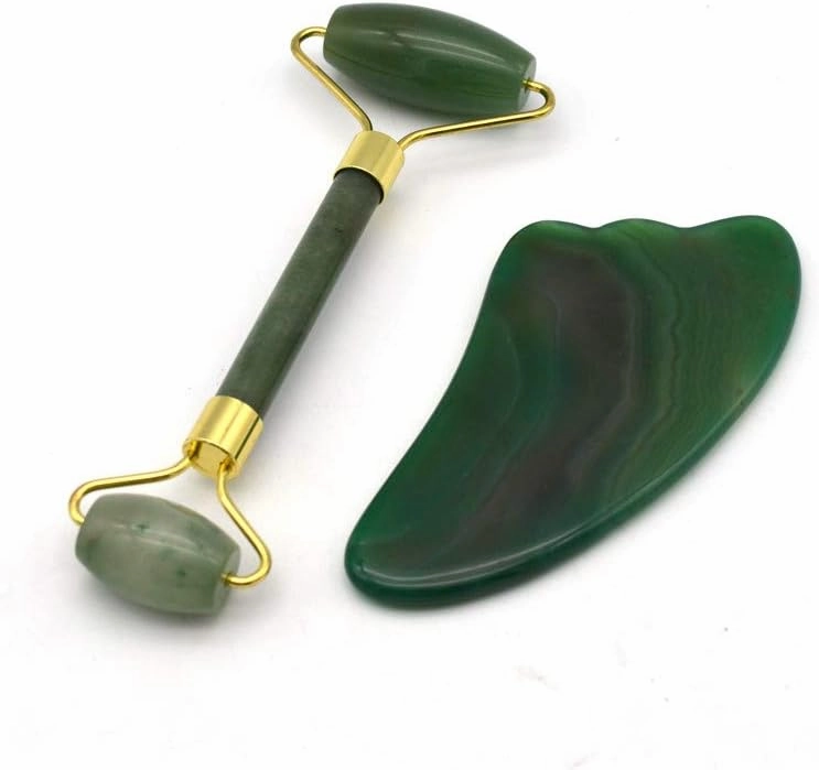 2pcs-Green Aventurine Jade Roller and Guasha Board,Gua Sha Scraping Massage Tools,Natural Jade Facial Roller,SPA Acupuncture Therapy Tools,Anti-Aging Beauty Tool