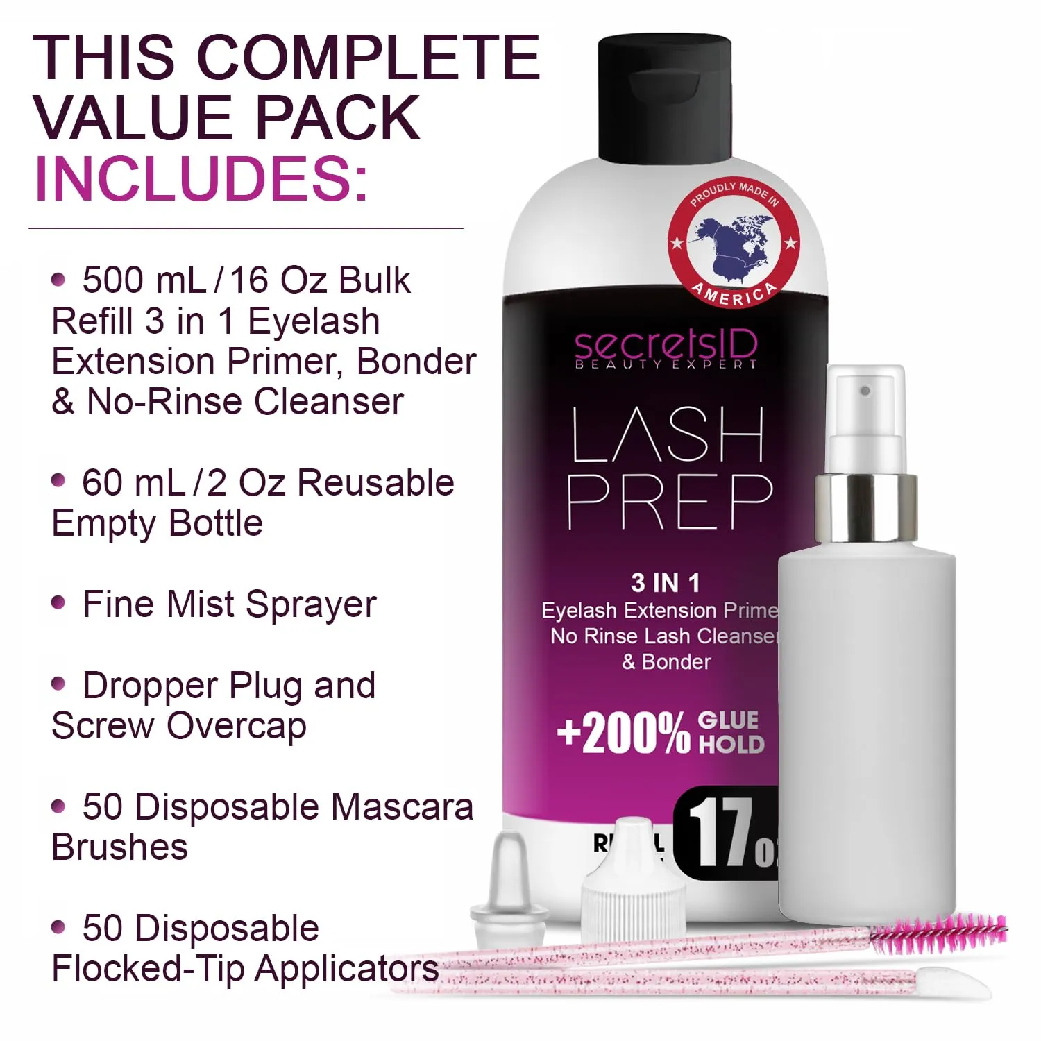 3 in 1 Eyelash Extension Primer Bulk 16 Oz - No Rinse Lash Cleanser and Bonder - Made in America Kit with 100 Wands for Lash Technicians and Brow Stylists for Optimal Retention - Fragrance Free