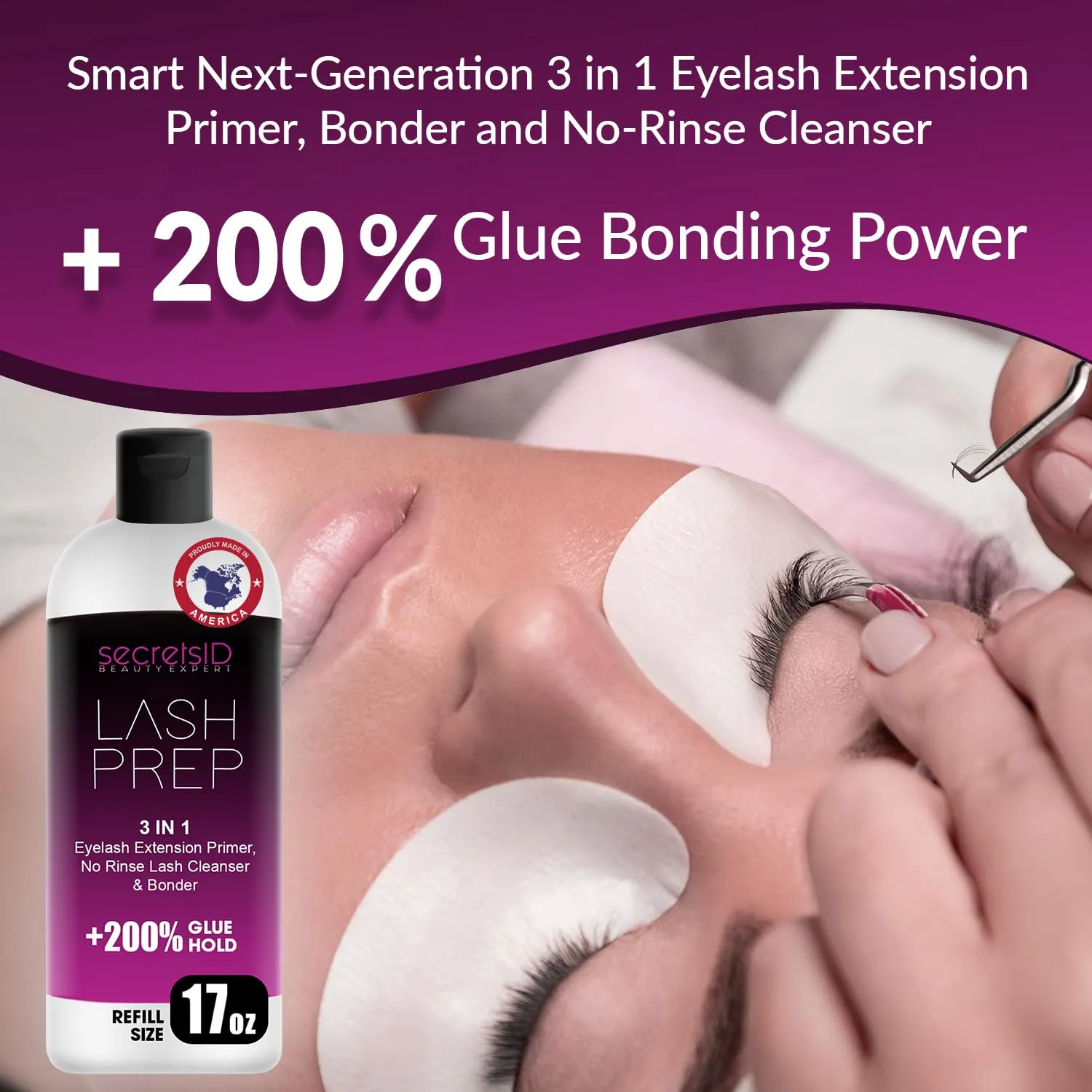 3 in 1 Eyelash Extension Primer Bulk 16 Oz - No Rinse Lash Cleanser and Bonder - Made in America Kit with 100 Wands for Lash Technicians and Brow Stylists for Optimal Retention - Fragrance Free