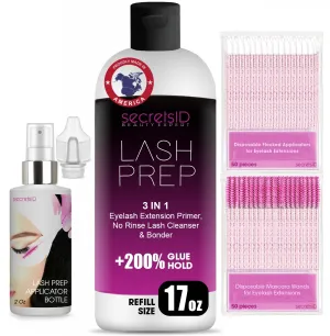 3 in 1 Eyelash Extension Primer Bulk 16 Oz - No Rinse Lash Cleanser and Bonder - Made in America Kit with 100 Wands for Lash Technicians and Brow Stylists for Optimal Retention - Fragrance Free