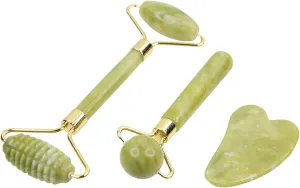 3-in-1 Jade Gua Sha and Face Roller Set, Face Massage Tools for Skin Head Body Shoulders Muscle, Facial Treatment Skin Tool for Puffy Eyes Saggy Skin and Tired Muscles (Plain)
