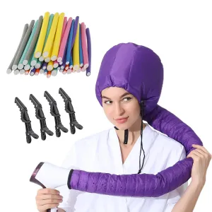 3 in 1 Pack 24 pcs Flexi Soft Hair Curler Rollers Curling Rods with Hair Dryer Bonnet Attachment and 4 Styling Clips (Hair Rollers   Purple Drying Hood)