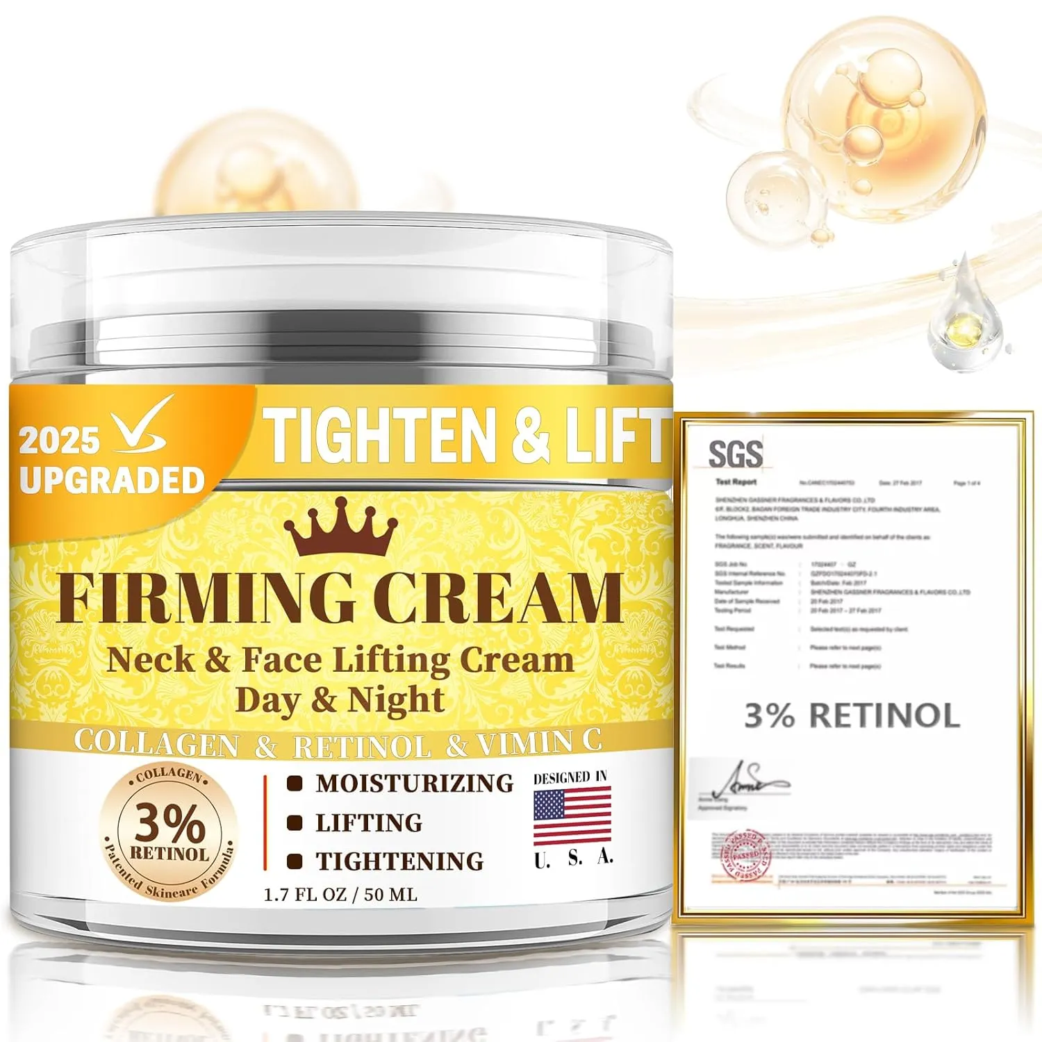 3% Retinol Cream Face Moisturizer, [30  SGS Certified] [Used by Over 1M Fans] Anti Aging Neck Firming Cream with Collagen, Day & Night Face Cream with Hyaluronic Acid for Women & Men