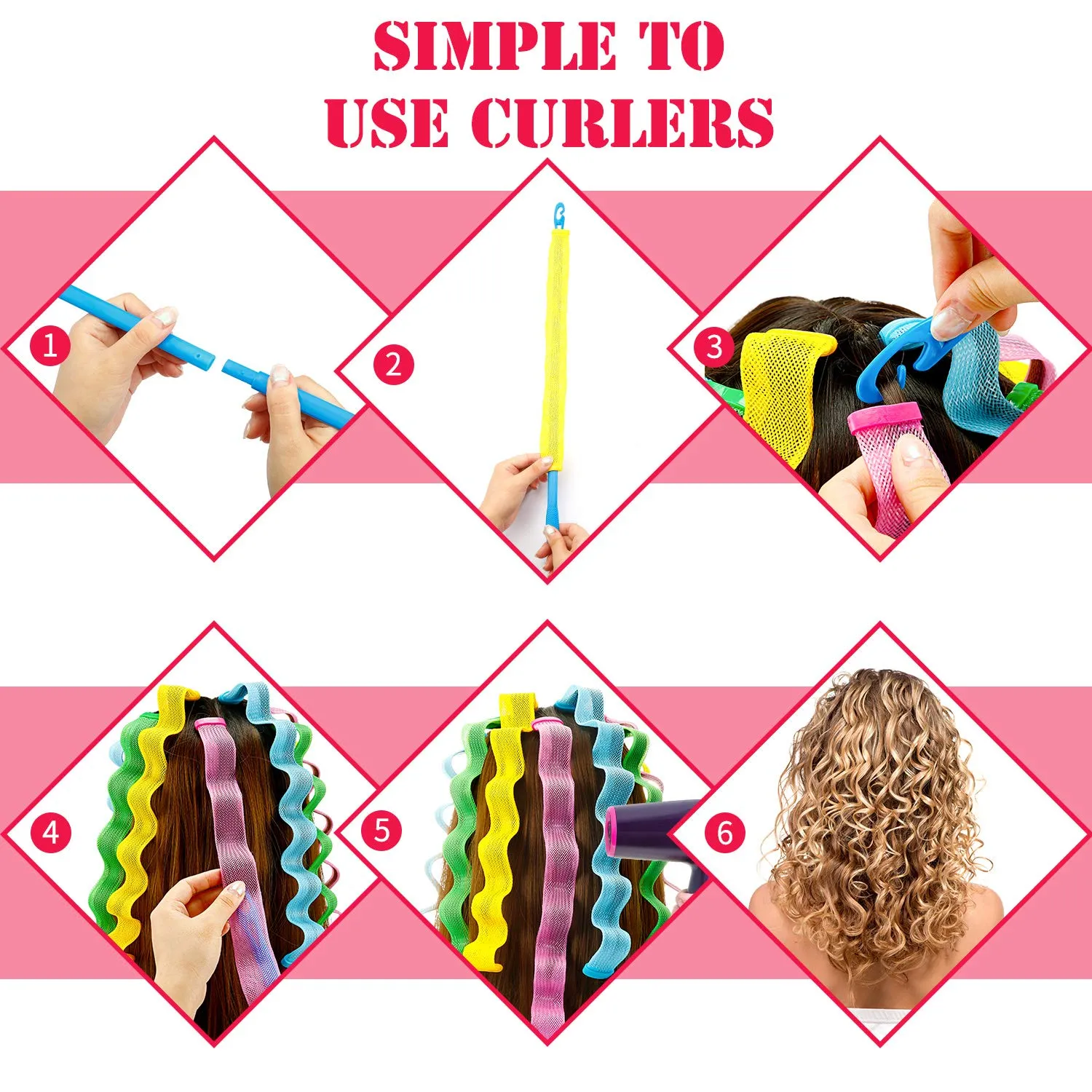 30 Pieces Heatless Waves Curlers Spiral Curls Styling Kit No Heat Hair Waver Spiral Curlers Rollers with 2 Pieces Styling Hooks for Most Hairstyles (65 cm)