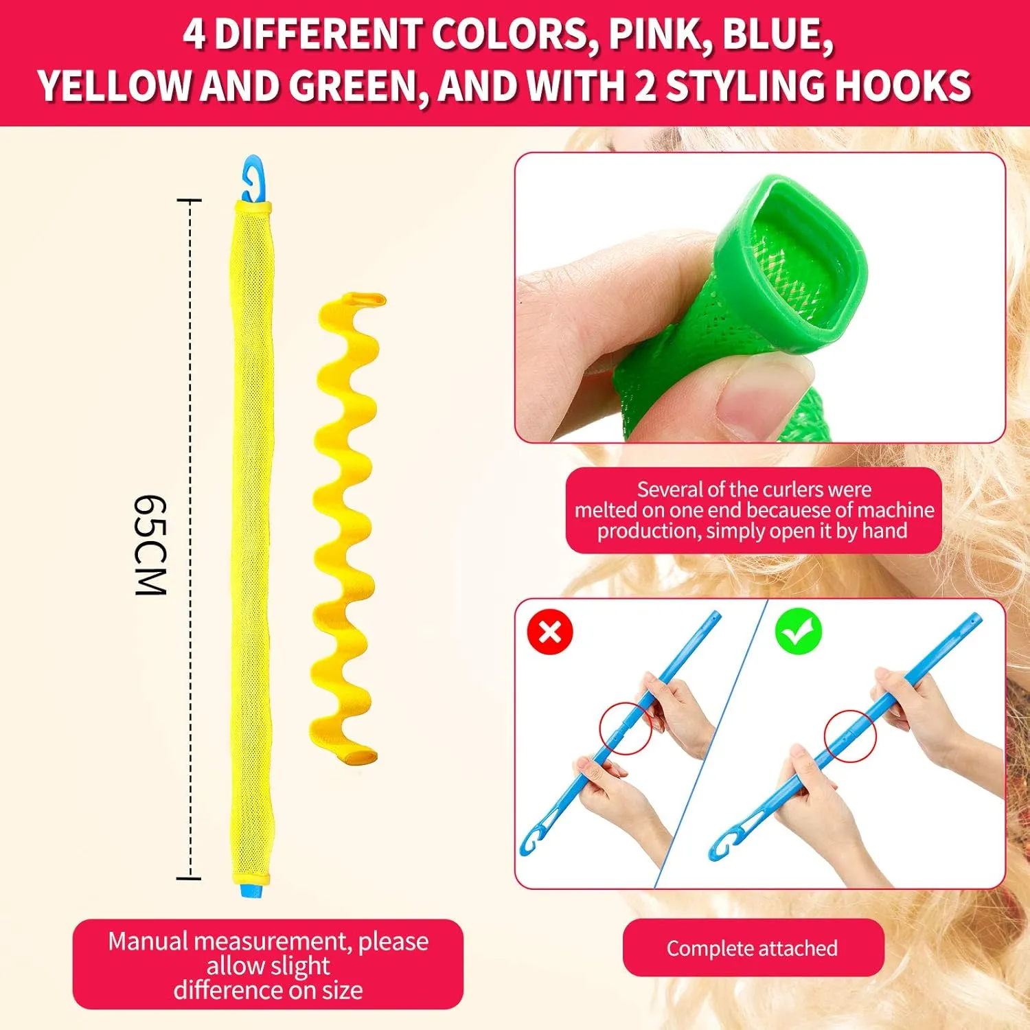 30 Pieces Heatless Waves Curlers Spiral Curls Styling Kit No Heat Hair Waver Spiral Curlers Rollers with 2 Pieces Styling Hooks for Most Hairstyles (65 cm)