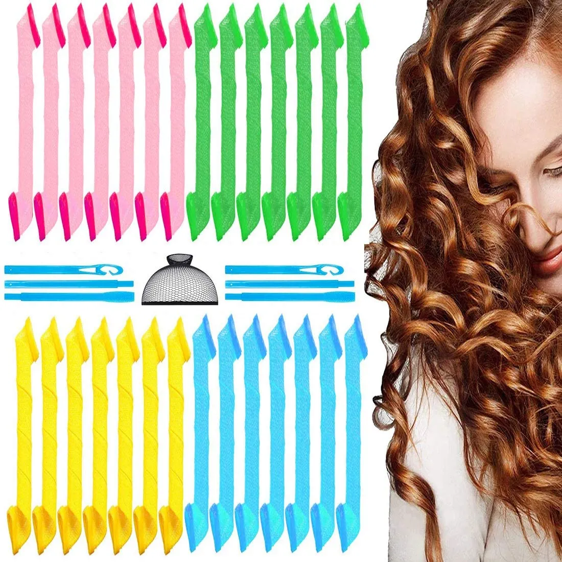 31 Pieces Hair Curlers, Spiral Curls Styling Kit(18 in/45cm), Heatless Hair Rollers, No Heat Wave Hair Curlers with Styling Hooks & liner wig cap for Most Kinds of Hairstyles