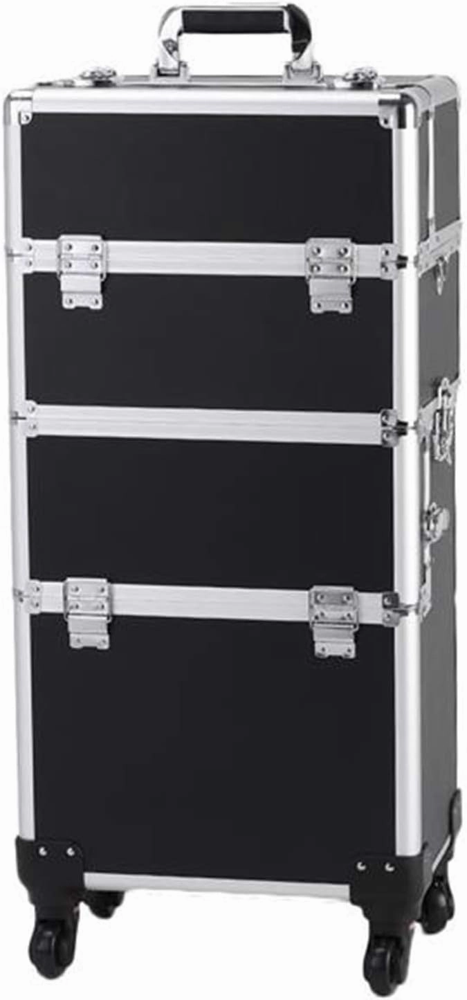 3 in 1 Professional Aluminum Rolling Cosmetic Makeup Case,Trolley Artist Train Case Cosmetic Organizer with 4 Detachable Universal Wheels Tattoo Box Black