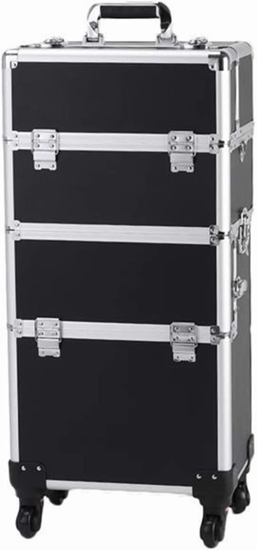 3 in 1 Professional Aluminum Rolling Cosmetic Makeup Case,Trolley Artist Train Case Cosmetic Organizer with 4 Detachable Universal Wheels Tattoo Box Black