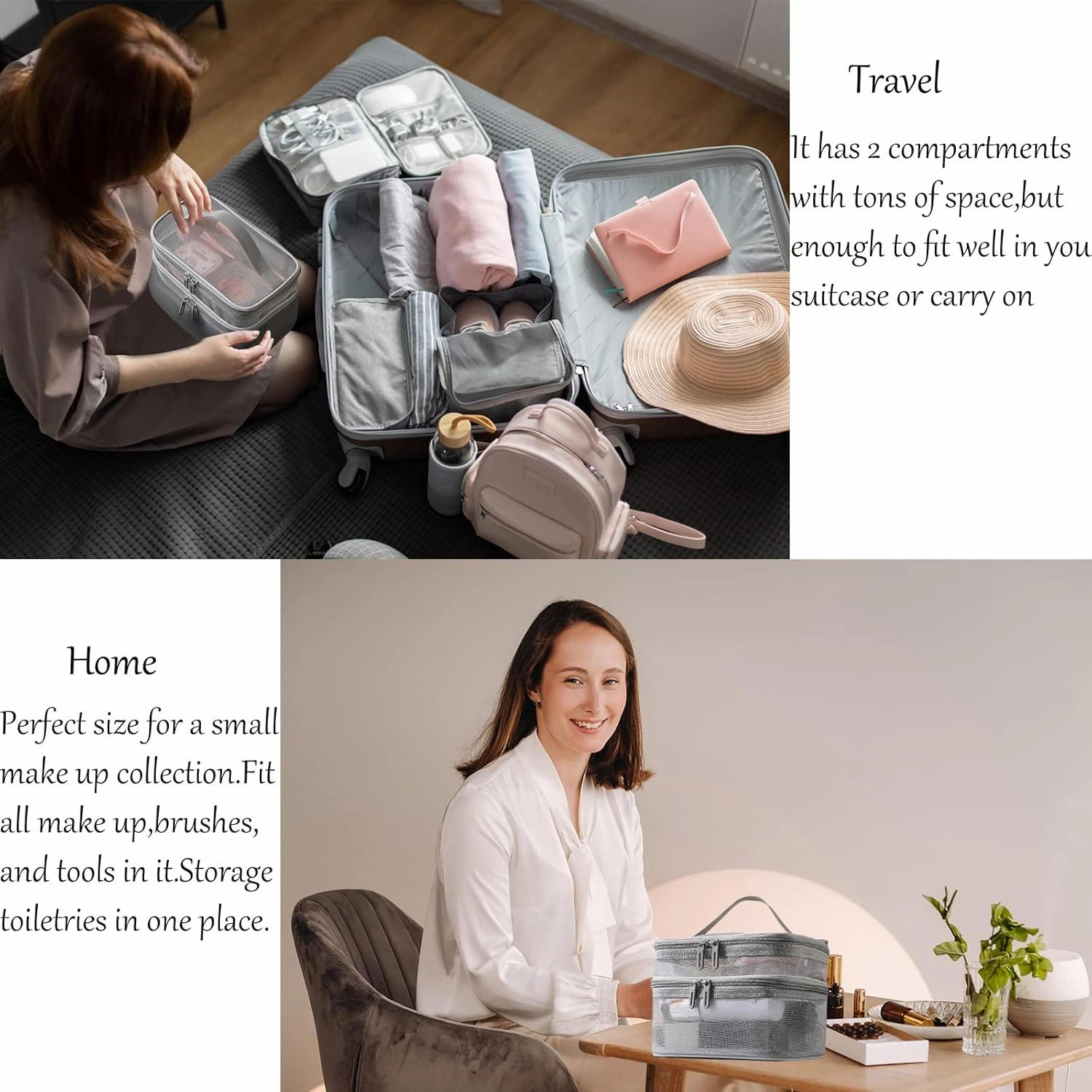 3 Layer Travel Cosmetic Bags for Women Portable Large Makeup Case Bag Organizer Mesh Toiletry Bag Grey