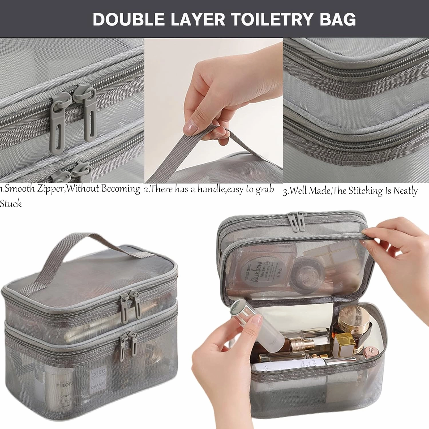 3 Layer Travel Cosmetic Bags for Women Portable Large Makeup Case Bag Organizer Mesh Toiletry Bag Grey