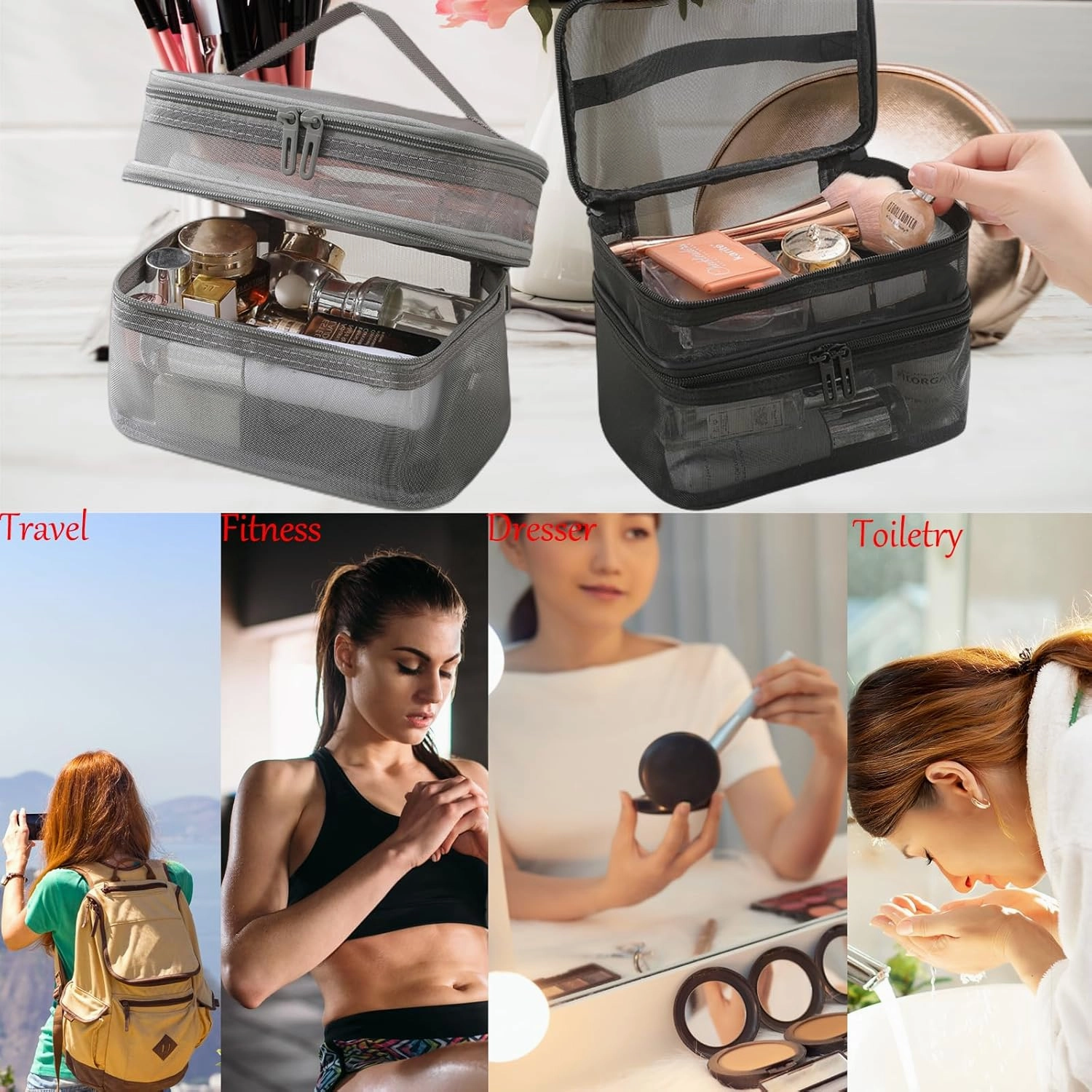 3 Layer Travel Cosmetic Bags for Women Portable Large Makeup Case Bag Organizer Mesh Toiletry Bag Grey