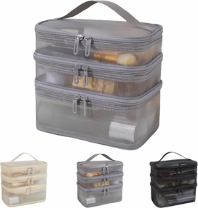 3 Layer Travel Cosmetic Bags for Women Portable Large Makeup Case Bag Organizer Mesh Toiletry Bag Grey