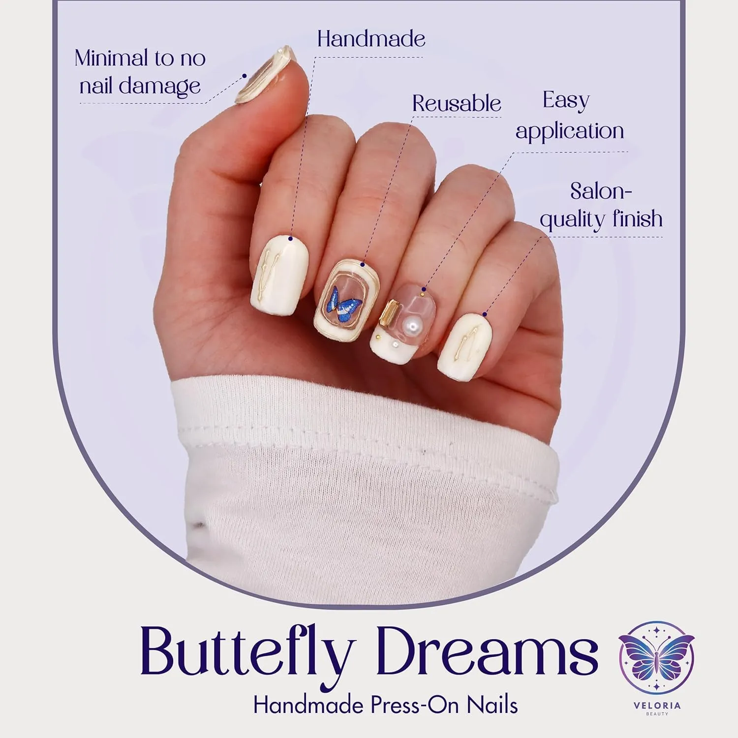 3D Handmade Press On Nails, Short Square Oval Shaped w/Rhinestones, Blue Butterfly & Pearls, Acrylic, Gel, Reusable Kit, For Women Daily Wear or Special Occasion (Butterfly Dreams)