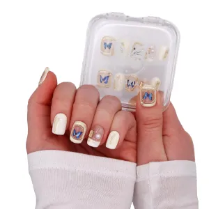3D Handmade Press On Nails, Short Square Oval Shaped w/Rhinestones, Blue Butterfly & Pearls, Acrylic, Gel, Reusable Kit, For Women Daily Wear or Special Occasion (Butterfly Dreams)