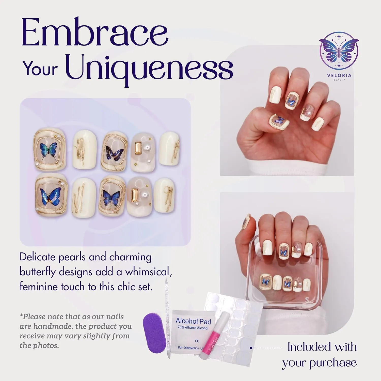3D Handmade Press On Nails, Short Square Oval Shaped w/Rhinestones, Blue Butterfly & Pearls, Acrylic, Gel, Reusable Kit, For Women Daily Wear or Special Occasion (Butterfly Dreams)