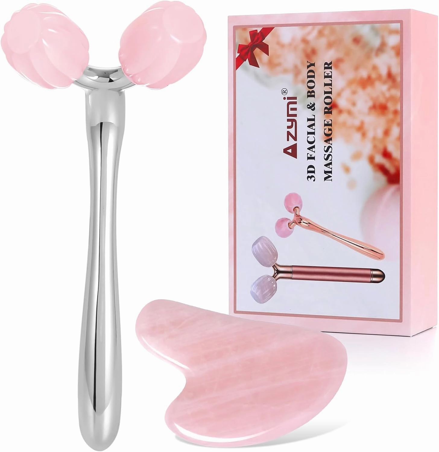 3D Jade Roller & Gua Sha Set, Natural Rose Quartz Face Roller Guasha Tools for Facial Jawline Scraping/Skin Firming & Reduce Wrinkle& Puffy Eyes/Relieve Body Tension
