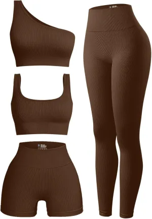 4 Piece Workout Sets For Women Ribbed Leggings Clothes Yoga Sets Active Wear Matching Work Out Sets Gym Pilates Outfits