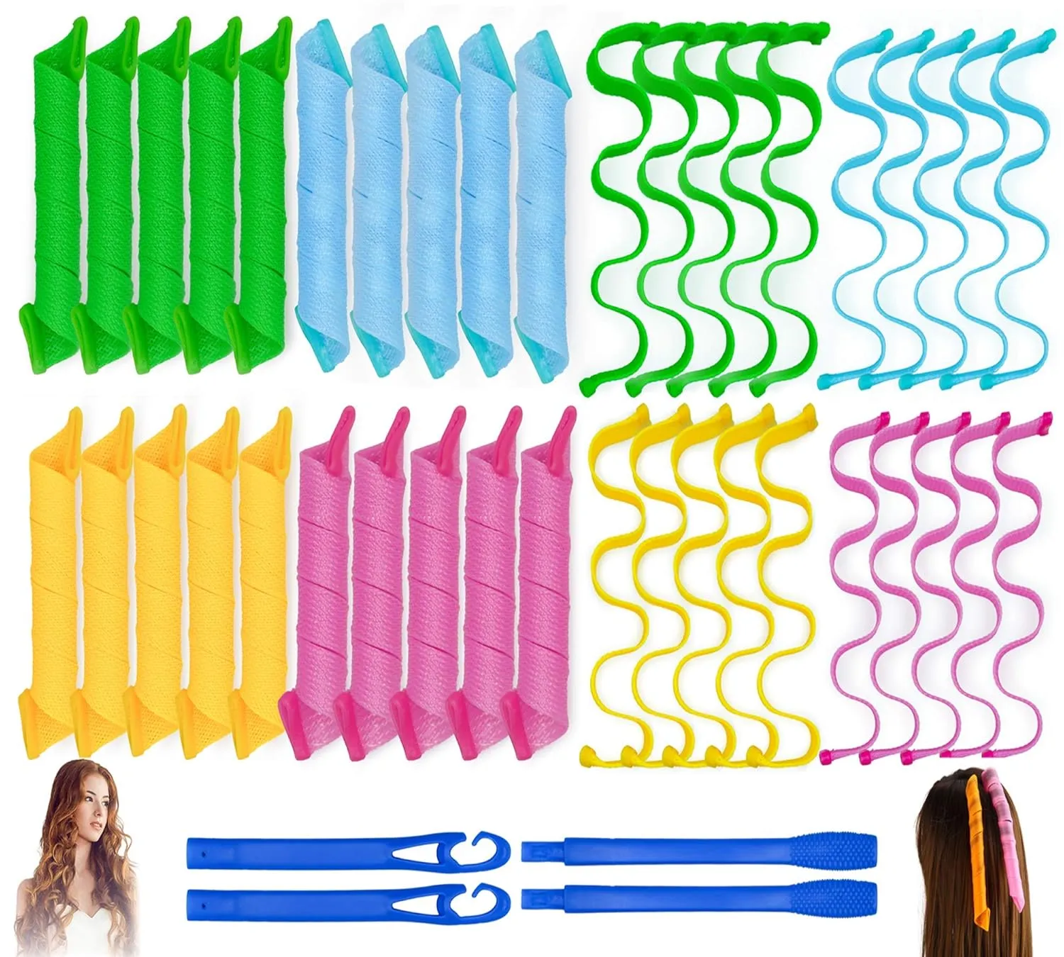 40PCS Hair Curlers Heatless Magic Hair Rollers Wave and Spiral Two Styles Formers(12inches) with 4PCS Styling Hooks Kit DIY Hair Curlers No Heat Damage for Most Hairstyles Short and Medium Hair