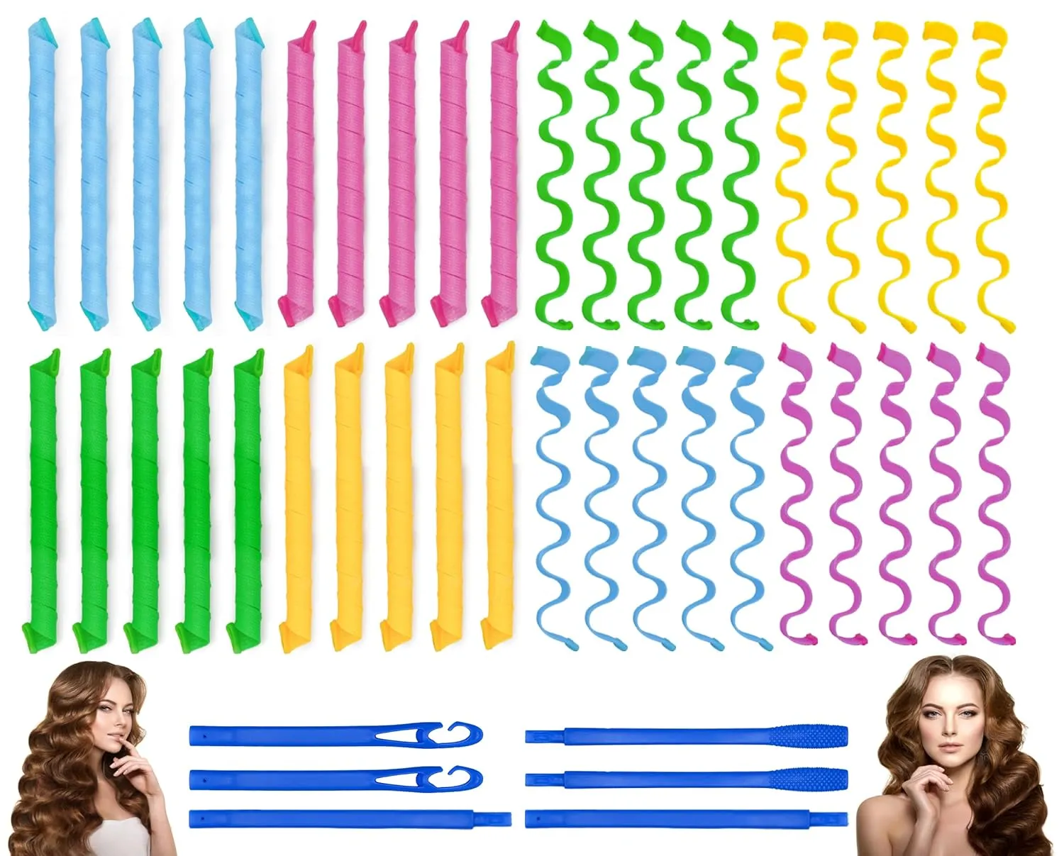 40PCS Hair Curlers Heatless Wave and Spiral Two Styles Formers(22inches) with 6PCS Styling Hooks Magic Hair Rollers No Heat Damage for Women and Kids’ Medium and Long Hair (22inch)