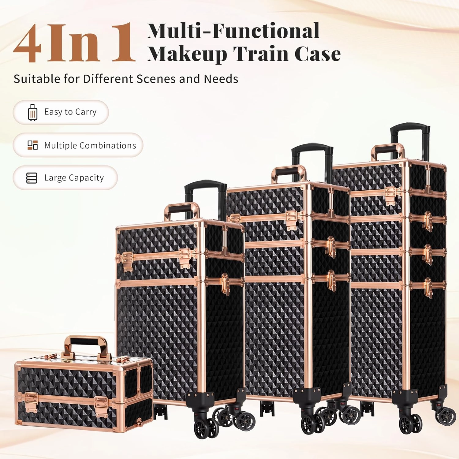 4 in 1 Professional Makeup Train Case Aluminum Cosmetic Case Rolling Makeup Case Extra Large Trolley Makeup Travel Organizer, with 360° Swivel Wheels for Make Up Hairstylists Nail Tech, Black