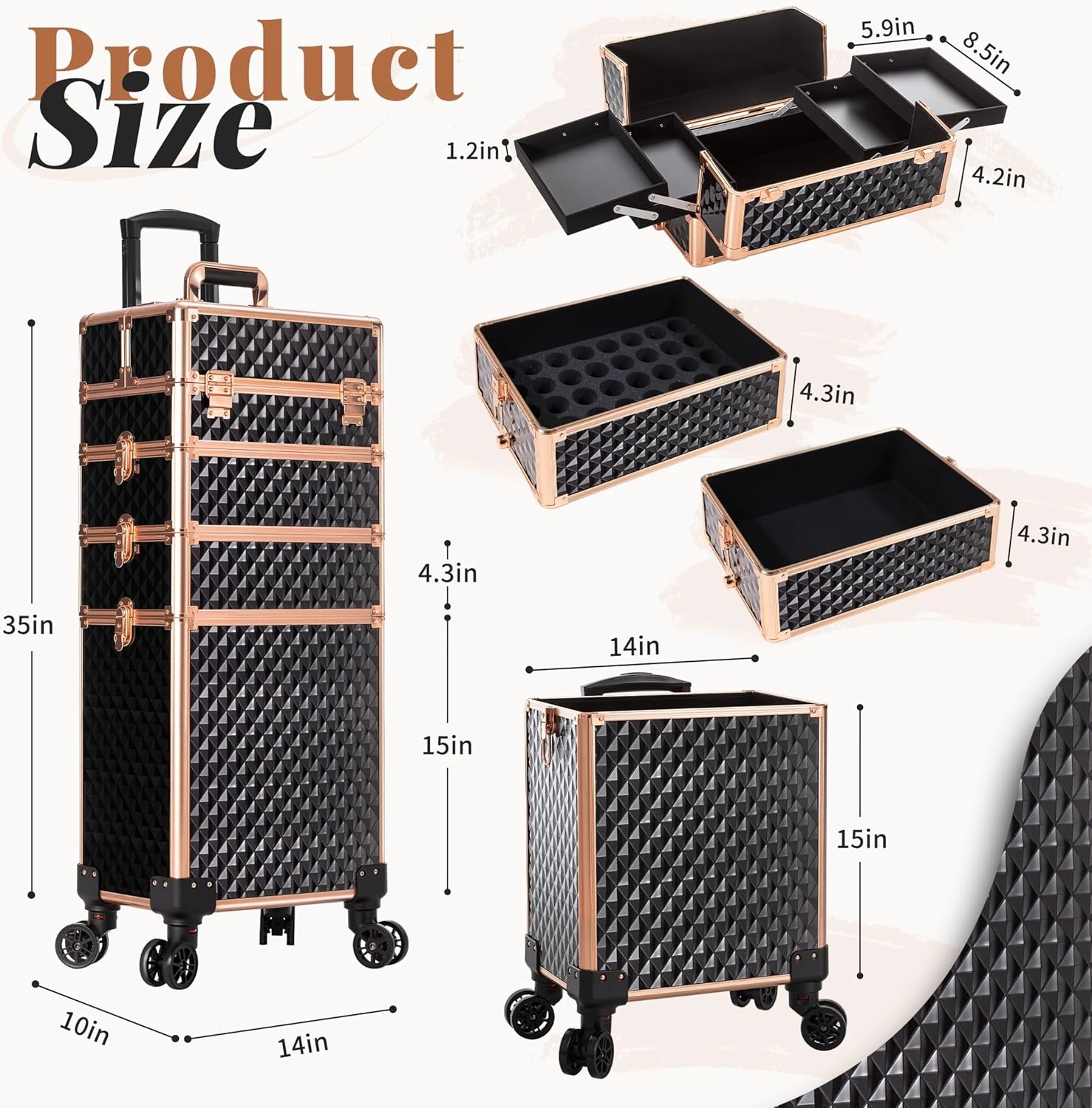 4 in 1 Professional Makeup Train Case Aluminum Cosmetic Case Rolling Makeup Case Extra Large Trolley Makeup Travel Organizer, with 360° Swivel Wheels for Make Up Hairstylists Nail Tech, Black