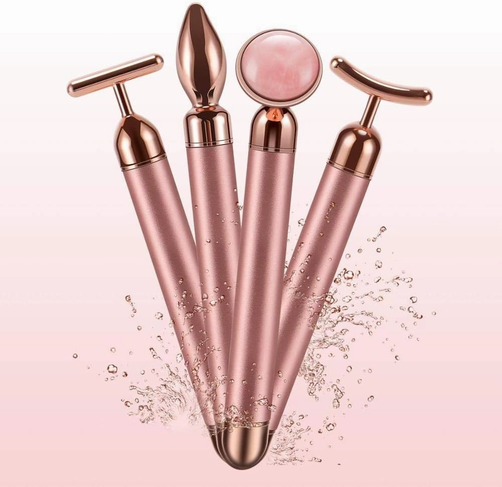 4 in 1 Vibrating Rose Quartz Face Roller, Pink