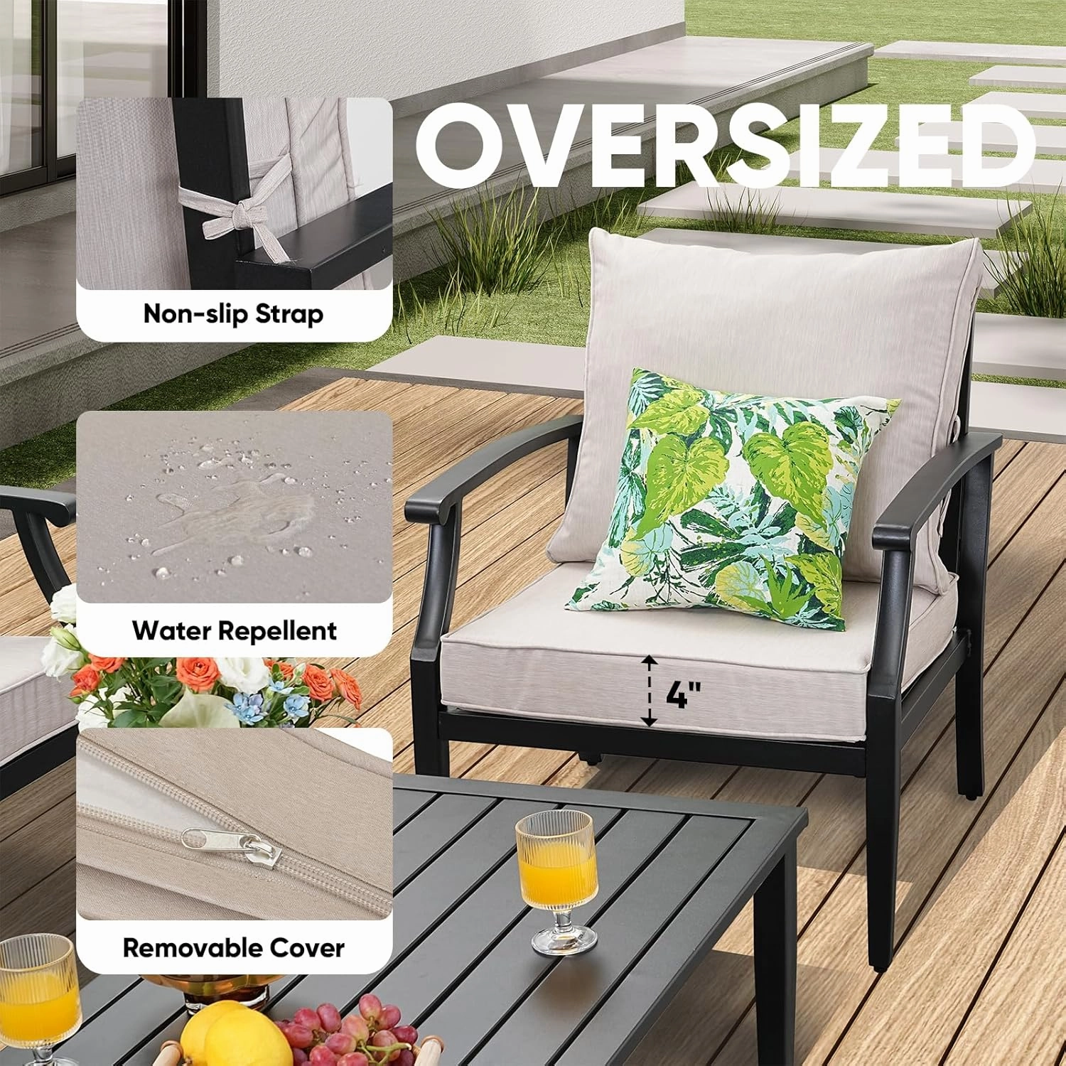 4 Pieces Patio Furniture Set w/loveseat,Coffe Table,Outdoor Conversation Metal Sofa with High Back and Thick Cushion,for Backyard,Garden,Beige
