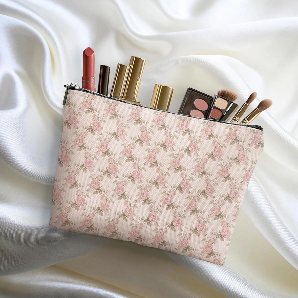 4pcs Pink Vintage Roses Floral Makeup Bag, Pink Coquette Roses Flower Cosmetic Bag Rose Gifts for Women Female Girls Sister BFF Nature Lover, Travel Zipper Pouch Christmas Thanksgiving Birthday Gifts