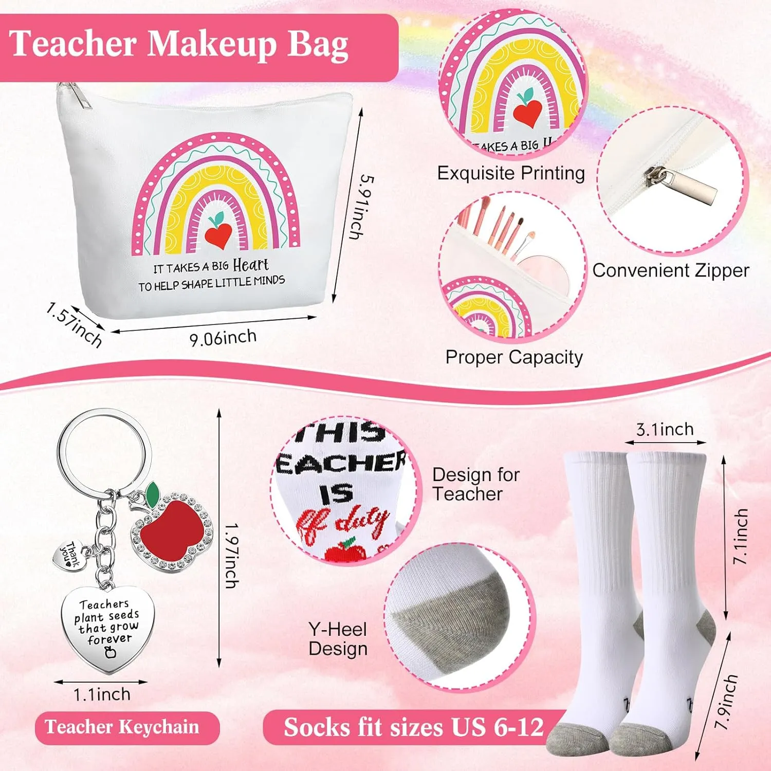 5 Pack Teacher Appreciation Gifts from Students, Thank You Best Teacher Ever Gift for Birthday,end of Year,it Takes a Big Heart Tote Bag, Makeup Bag, 16 oz Drinking Glass, Socks and Keychain