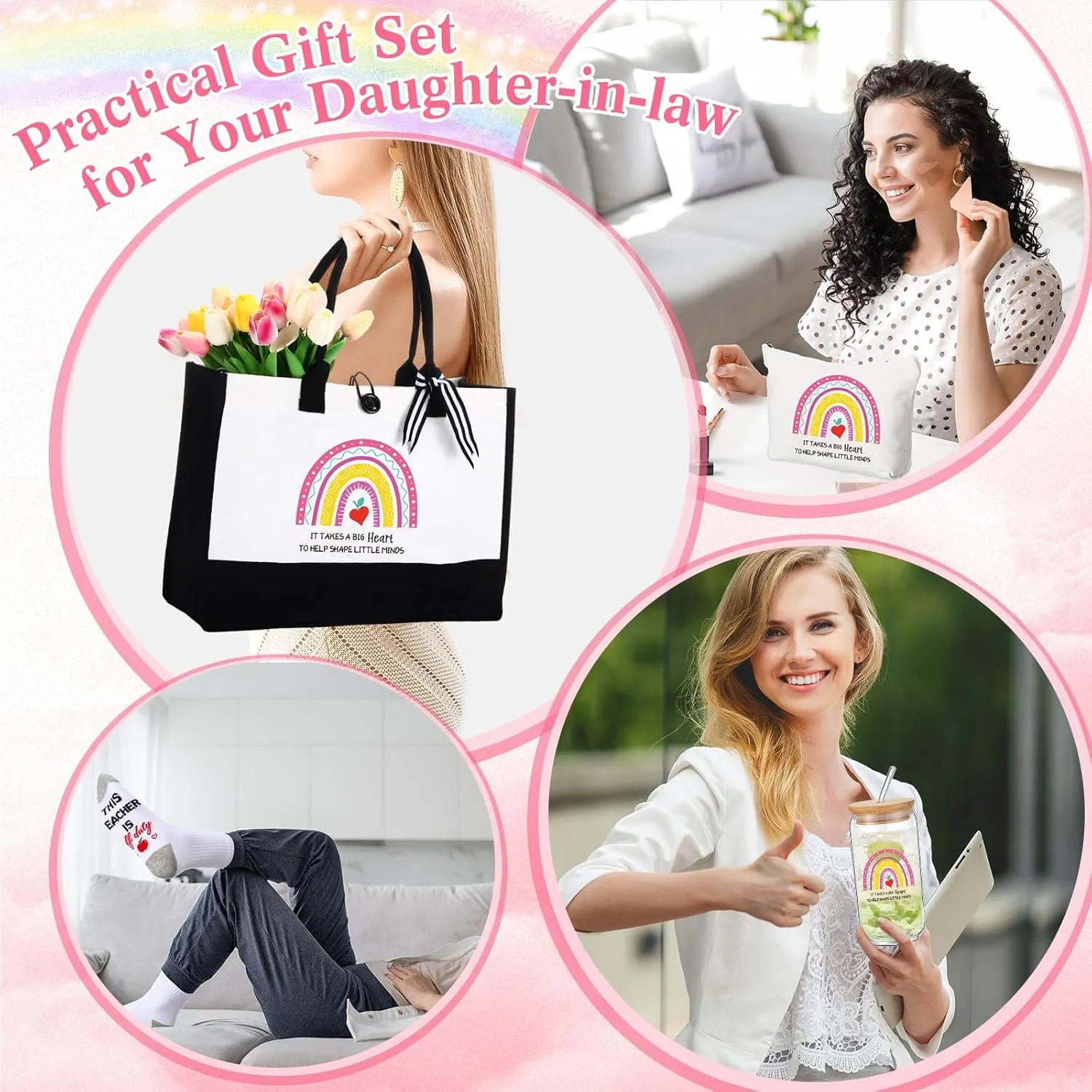 5 Pack Teacher Appreciation Gifts from Students, Thank You Best Teacher Ever Gift for Birthday,end of Year,it Takes a Big Heart Tote Bag, Makeup Bag, 16 oz Drinking Glass, Socks and Keychain