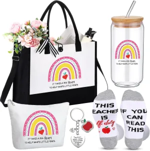 5 Pack Teacher Appreciation Gifts from Students, Thank You Best Teacher Ever Gift for Birthday,end of Year,it Takes a Big Heart Tote Bag, Makeup Bag, 16 oz Drinking Glass, Socks and Keychain