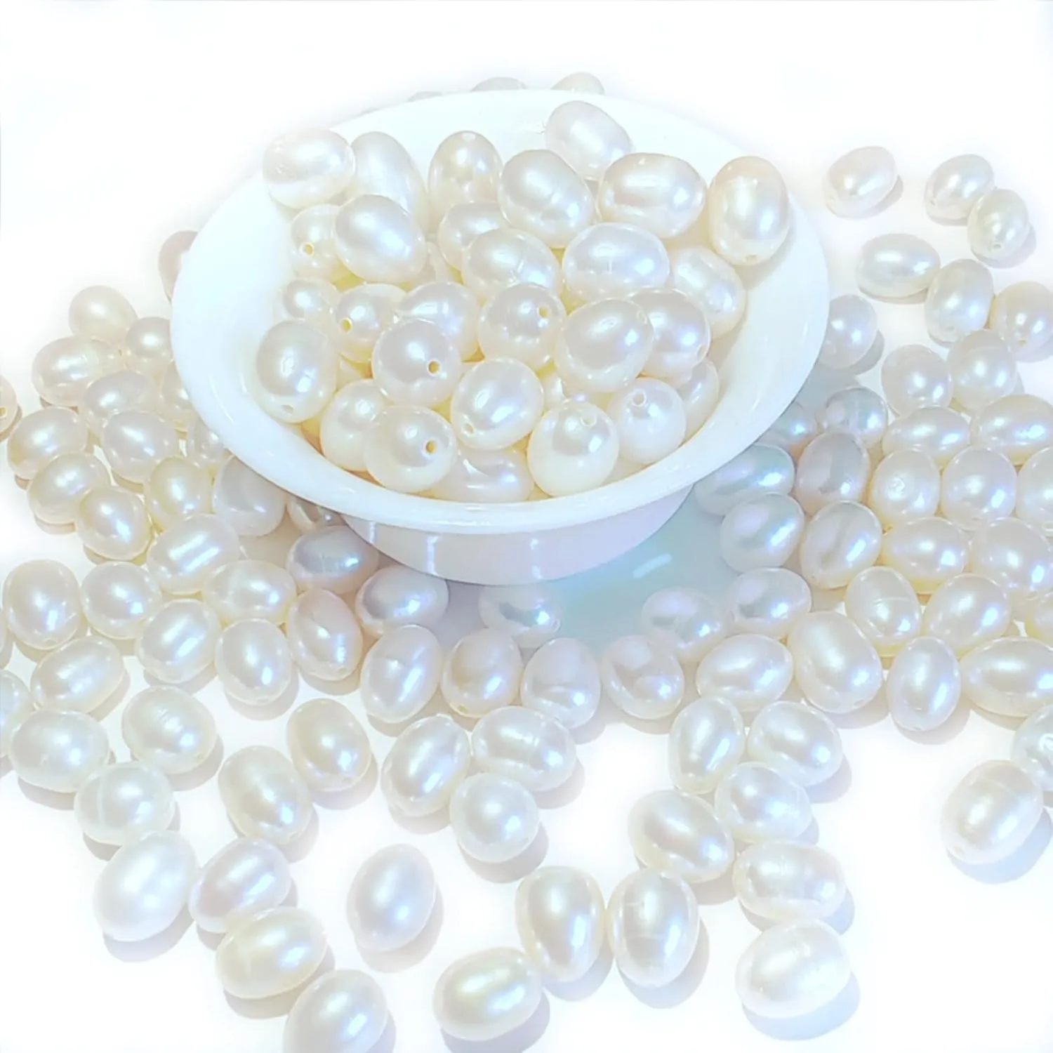 50 Pcs Freshwater Pearl Beads for Jewelry Making Natural Genuine Real Freshwater Cultured Pearls Perforated Oval Pearl Beads Loose Gemstone Bead Crafts Gift for Women (White 8-9 mm Perforated)