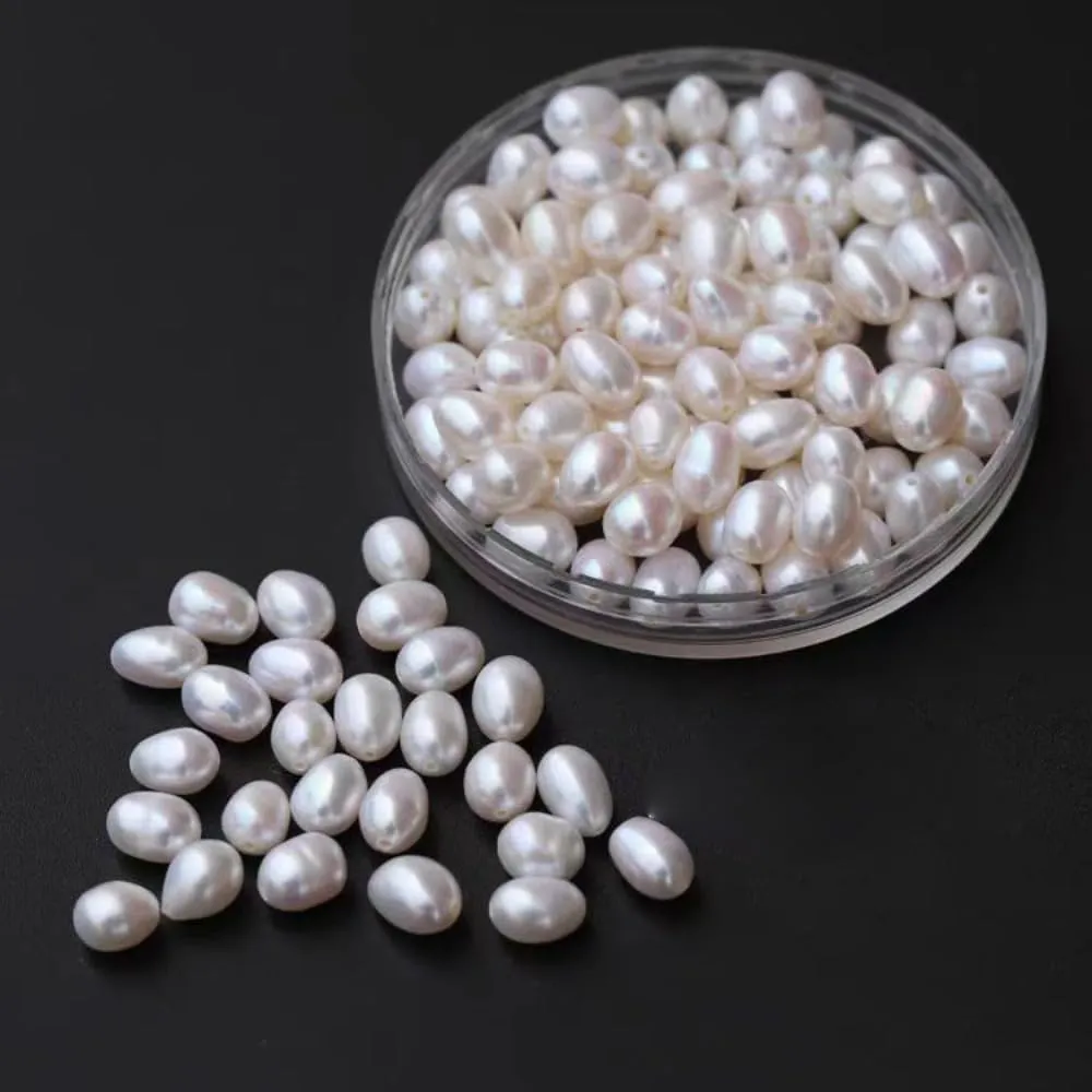 50 Pcs Freshwater Pearl Beads for Jewelry Making Natural Genuine Real Freshwater Cultured Pearls Perforated Oval Pearl Beads Loose Gemstone Bead Crafts Gift for Women (White 8-9 mm Perforated)