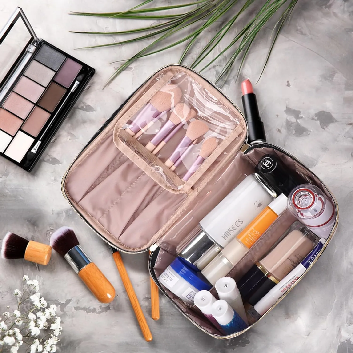 5L Travel Makeup Bag, Portable Cosmetic Bag for Women, Large Capacity Travel Toiletry Accessories Organizer case with Divider, Beige 1.34 GAL