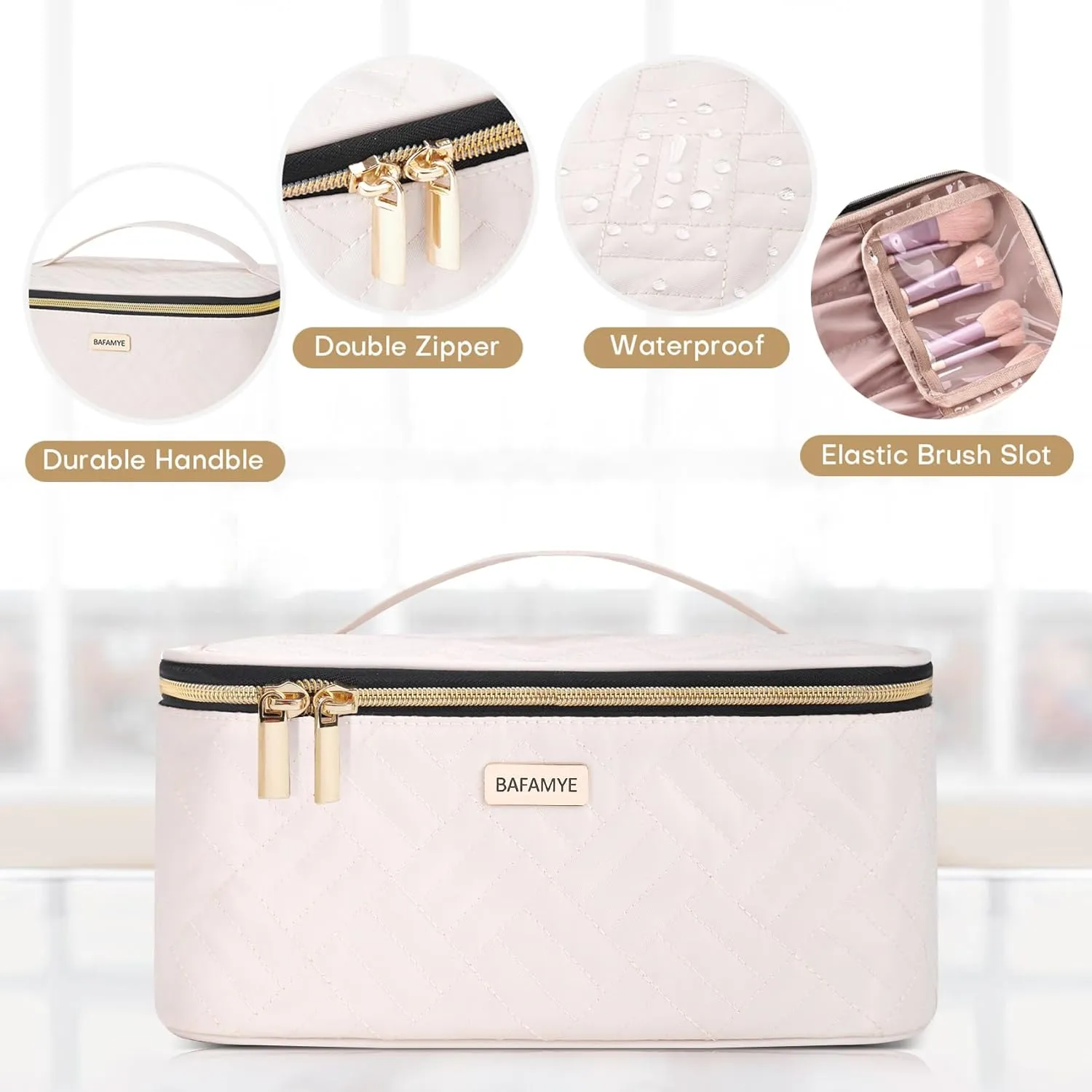 5L Travel Makeup Bag, Portable Cosmetic Bag for Women, Large Capacity Travel Toiletry Accessories Organizer case with Divider, Beige 1.34 GAL