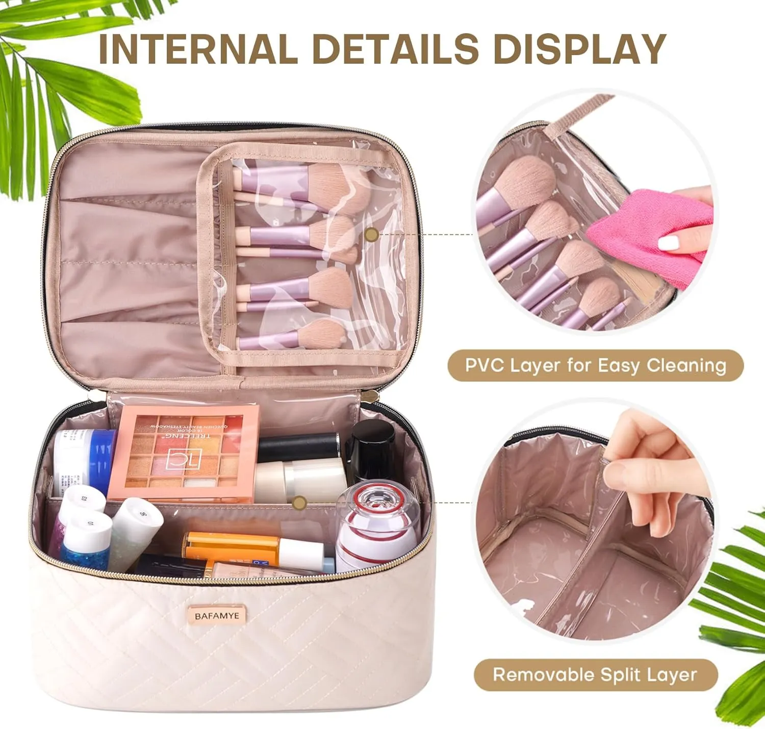 5L Travel Makeup Bag, Portable Cosmetic Bag for Women, Large Capacity Travel Toiletry Accessories Organizer case with Divider, Beige 1.34 GAL