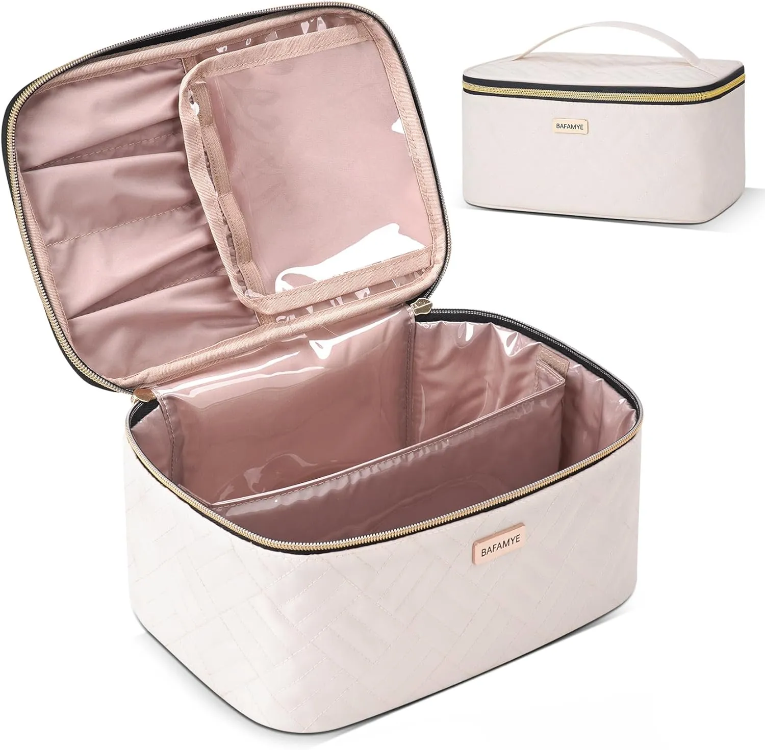 5L Travel Makeup Bag, Portable Cosmetic Bag for Women, Large Capacity Travel Toiletry Accessories Organizer case with Divider, Beige 1.34 GAL