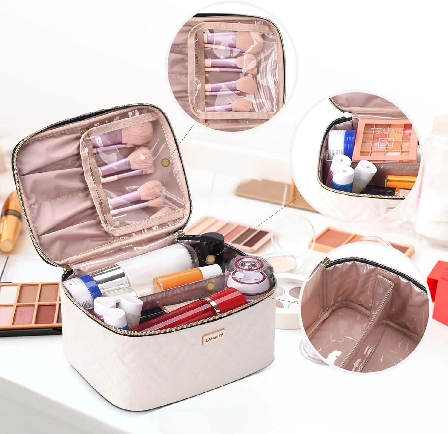 5L Travel Makeup Bag, Portable Cosmetic Bag for Women, Large Capacity Travel Toiletry Accessories Organizer case with Divider, Beige 1.34 GAL