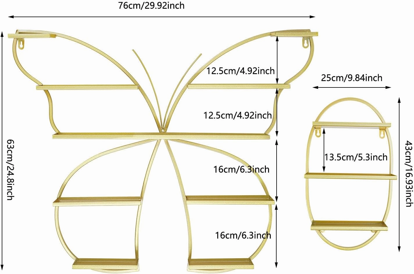 5PCS Butterfly Nail Polish Wall Rack, Metal Cosmetic Display Shelf for Salons & Home, Wall-Mounted Organizer for Nail Polish, Perfume, Lipstick (Gold)