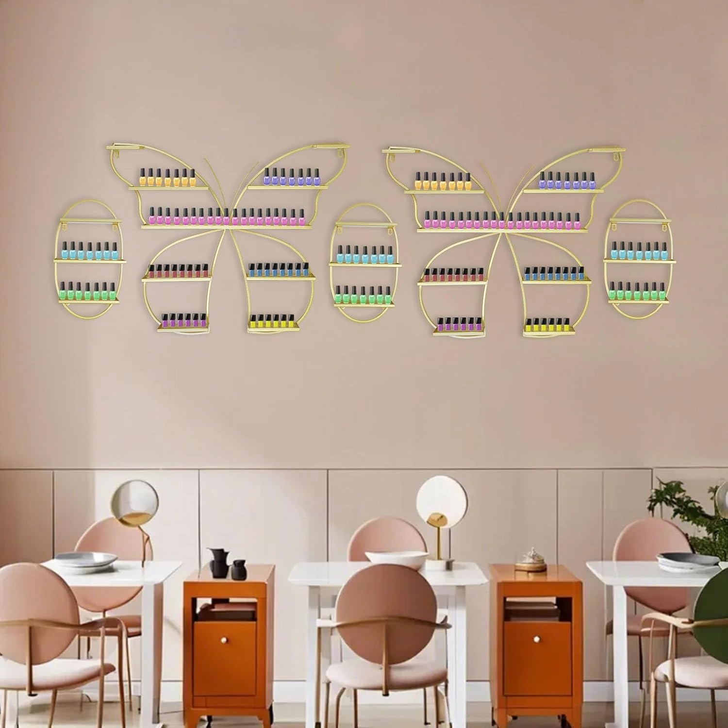 5PCS Butterfly Nail Polish Wall Rack, Metal Cosmetic Display Shelf for Salons & Home, Wall-Mounted Organizer for Nail Polish, Perfume, Lipstick (Gold)