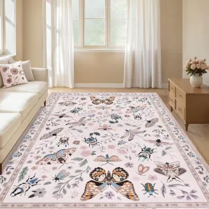 5x7 Area Rugs for Living Room - Butterfly Rug Washable Area Rugs for Bedroom, Vintage Rug for Dining Room Stain Resistant Rugs, Nursery Rugs with Non-Slip Backing, Kids and Pets Friendly