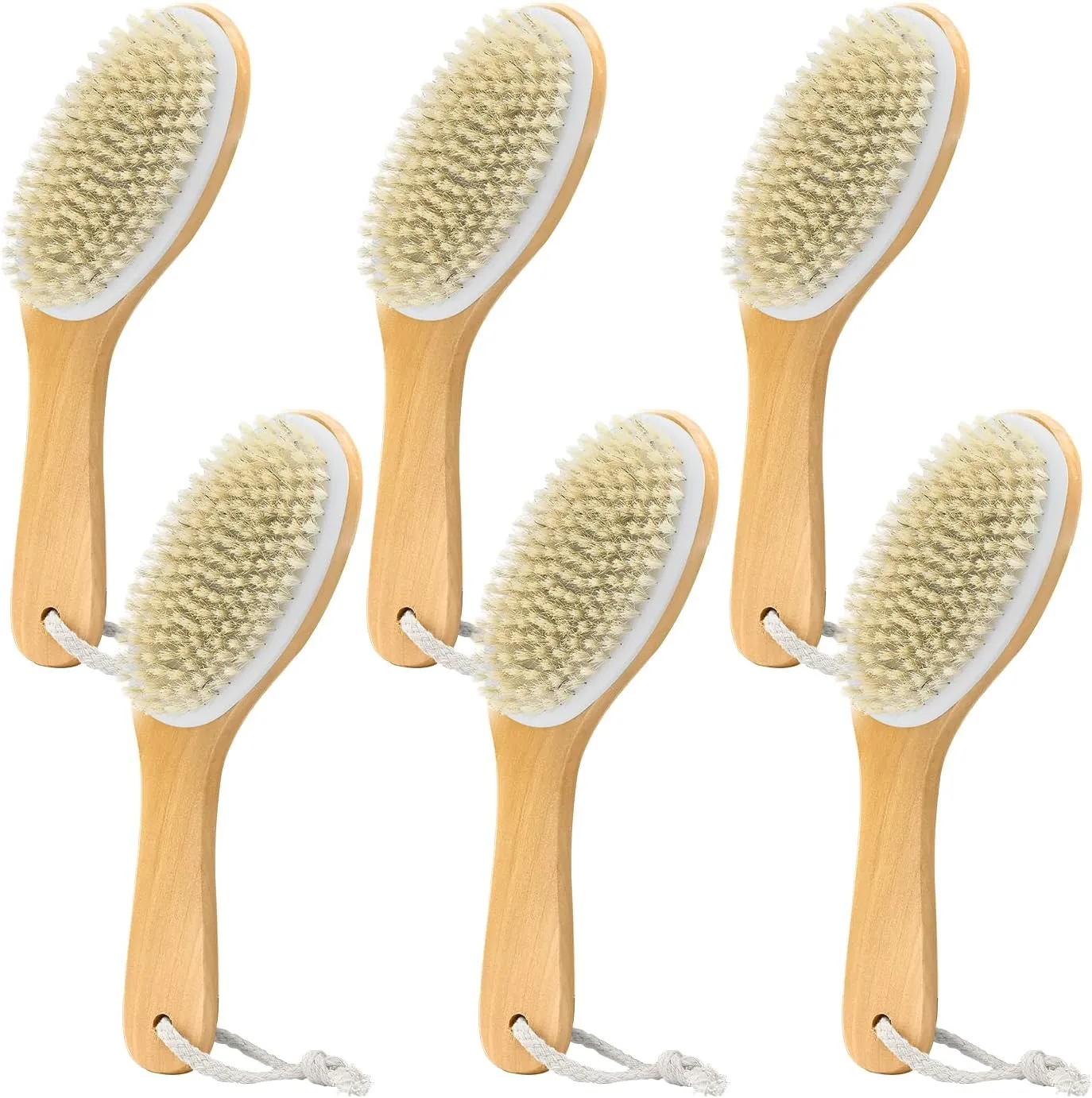 6 Pack Dry Brushing Body Brush, Soft Natural Bristle Exfoliating Dry Brush with Contoured Wooden Handle for Lymphatic Drainage Cleaning Body Skin Care