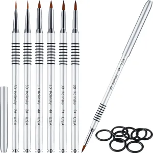 6 Pcs 3D Kolinsky Acrylic Nail Art Brush Set Acrylic Powder Sculpture Painting Brush pen Size 2/4/5 with Silver Metal Nonslip Grip Handle for 3D Nail Art Flower Design