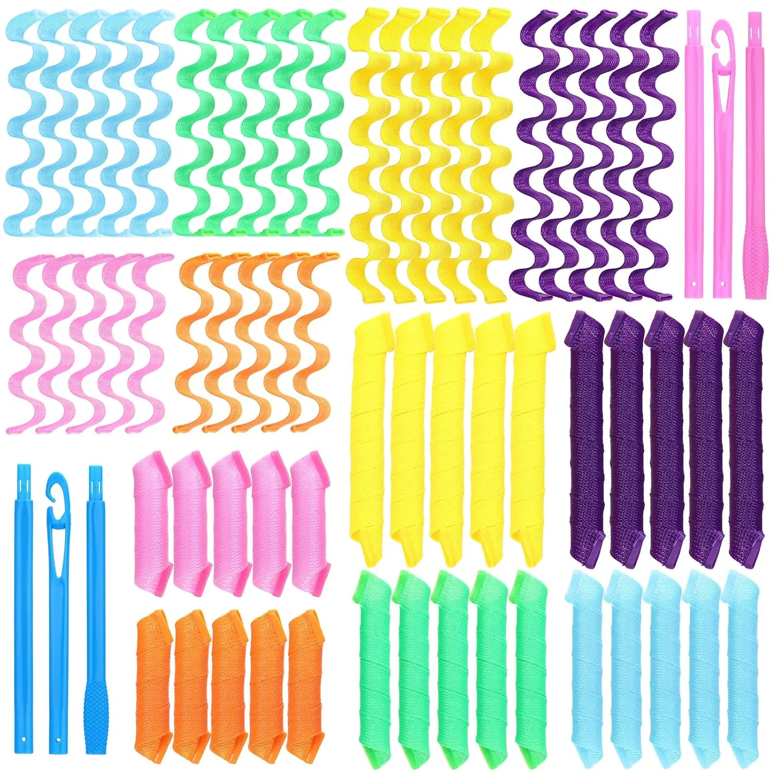 60 Pcs Heatless Wave Curlers No Heat Hair Curlers Rollers Spiral Styling Kit 2 Styles, 22'' 18'' 12'' Wave DIY Rollers for Women Short Long Hair with 2 Styling Hooks