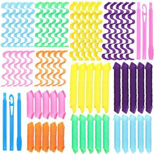 60 Pcs Heatless Wave Curlers No Heat Hair Curlers Rollers Spiral Styling Kit 2 Styles, 22'' 18'' 12'' Wave DIY Rollers for Women Short Long Hair with 2 Styling Hooks