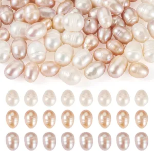 60Pcs Natural Cultured Freshwater Pearl Beads 6-9 mm Genuine Pearl Beads Rice Oval Loose Gemstone Bead for Jewelry Making DIY Necklaces Bracelets Earrings Crafts