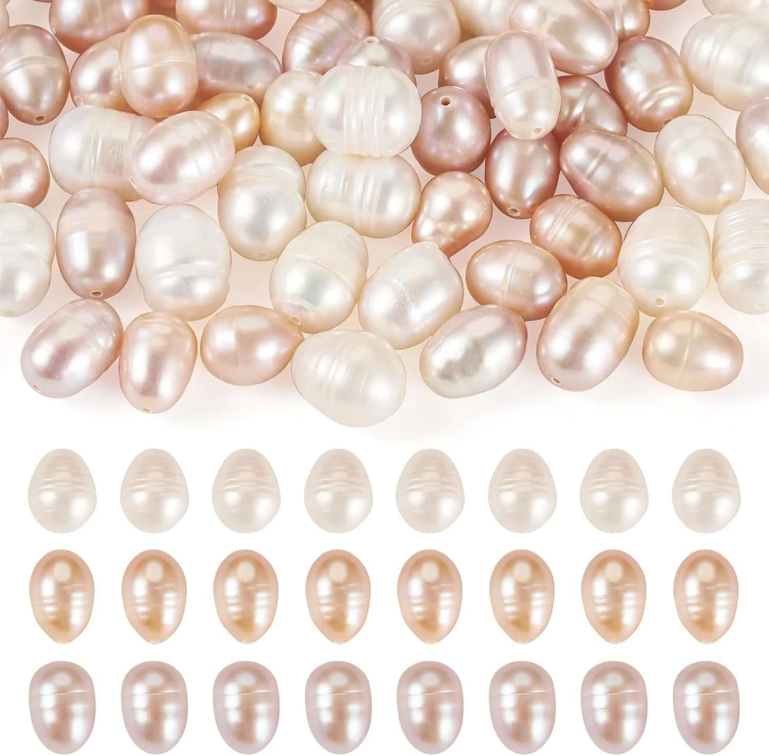 60Pcs Natural Cultured Freshwater Pearl Beads 6-9 mm Genuine Pearl Beads Rice Oval Loose Gemstone Bead for Jewelry Making DIY Necklaces Bracelets Earrings Crafts