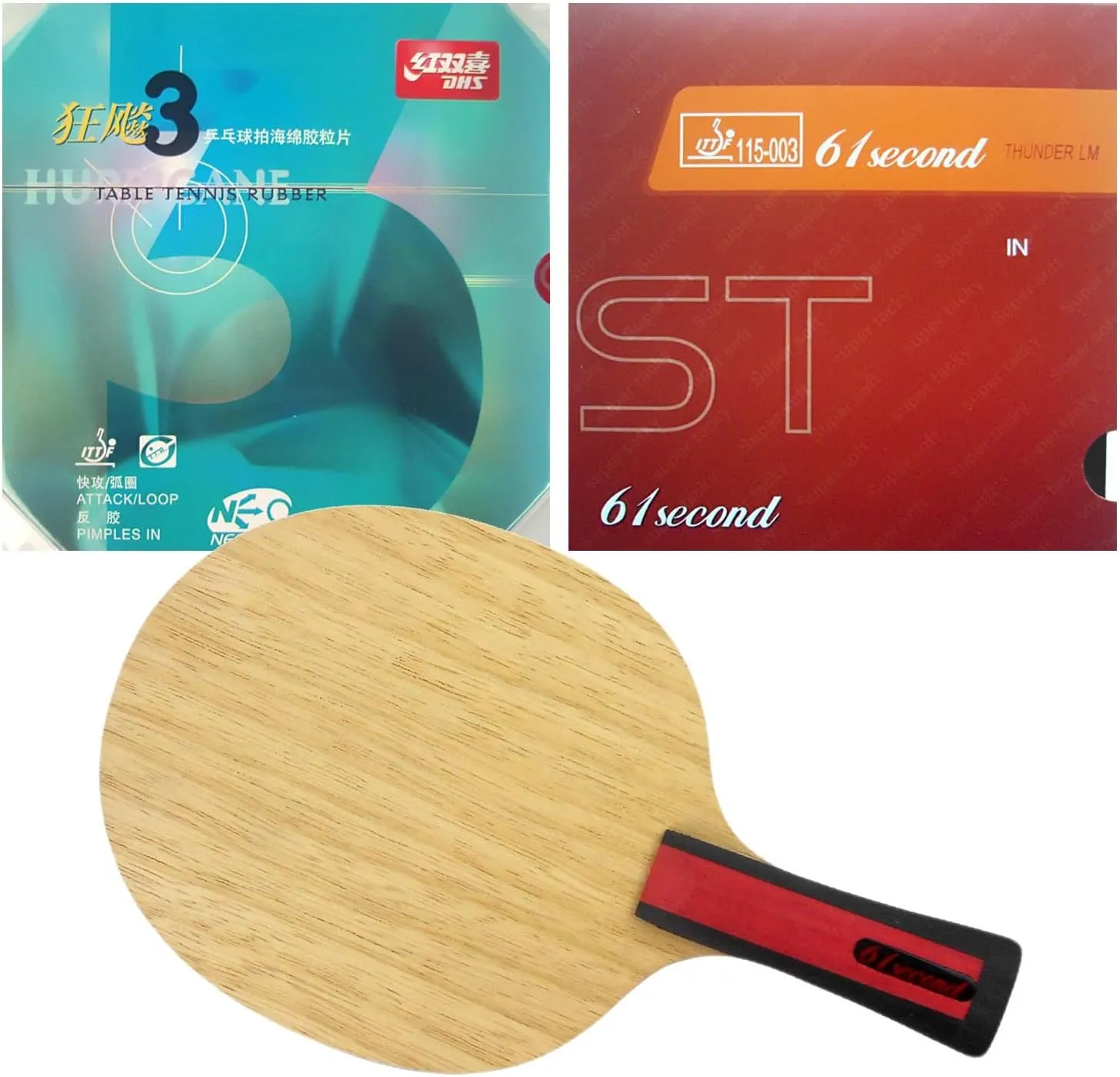 61second 3004 Blade with LM ST and DHS NEO Hurricane 3 Rubbers for a Racket Long Shakehand FL with a Free Small case