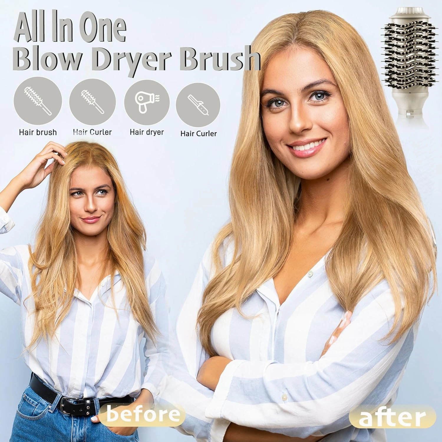 6 in 1 Hair Air Styler, Ionic Hair Dryer Brush Frizz- Free Hot-Air Auto Wrap Curlers, Multi Hair Styler, Blow Dryer for Fast Drying Straightening Volumizing Curling Styling (6-in-1 Set, Gold)