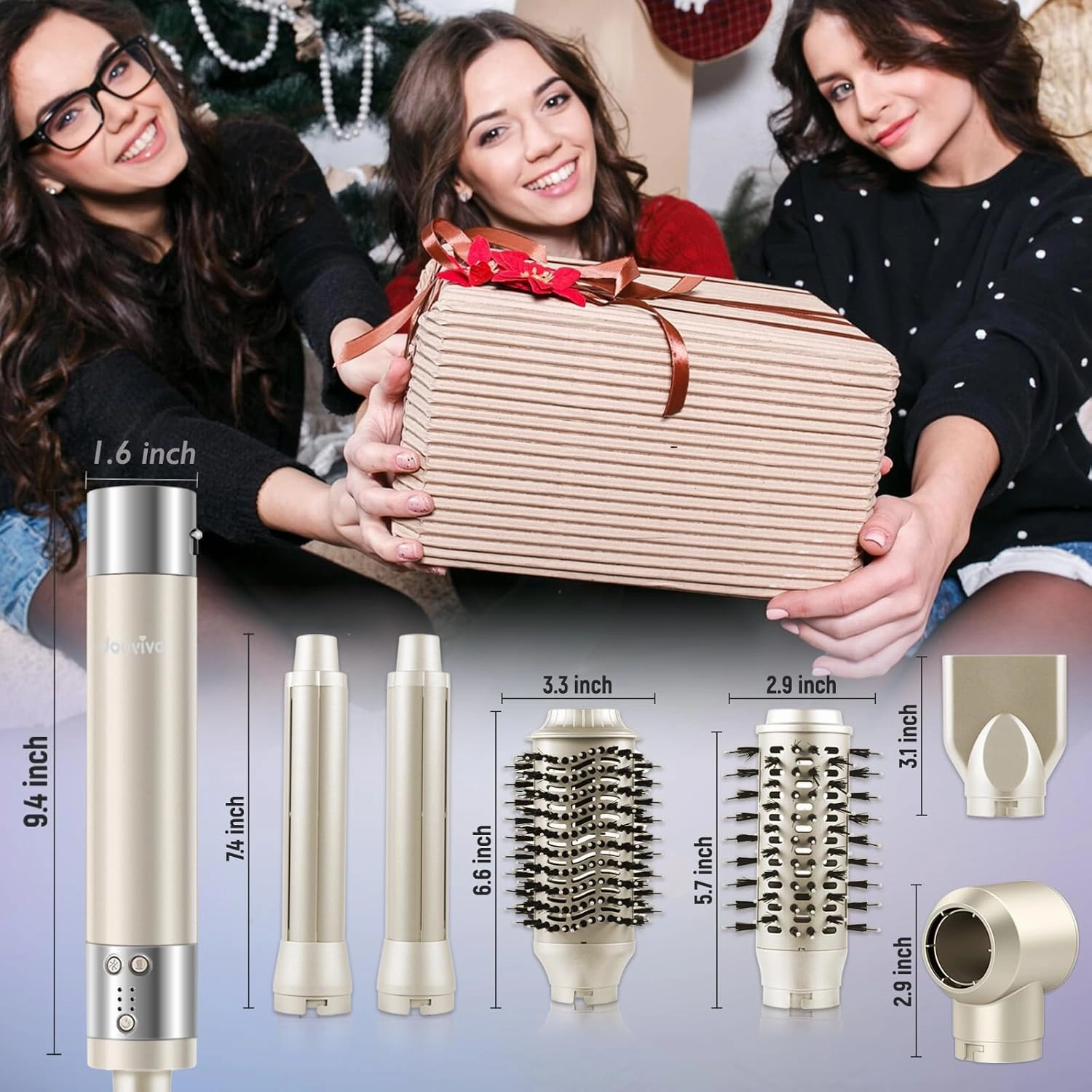 6 in 1 Hair Air Styler, Ionic Hair Dryer Brush Frizz- Free Hot-Air Auto Wrap Curlers, Multi Hair Styler, Blow Dryer for Fast Drying Straightening Volumizing Curling Styling (6-in-1 Set, Gold)